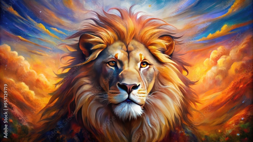 Vibrant oil painting depicts a majestic lion's head, surrounded by swirling brushstrokes and abstract shapes, against a warm, sunset-inspired background with subtle texture. Vibrant oil painting depicts a majestic lion's head, surrounded by swirling brushstrokes and abstract shapes, against a warm, sunset-inspired background with subtle texture.