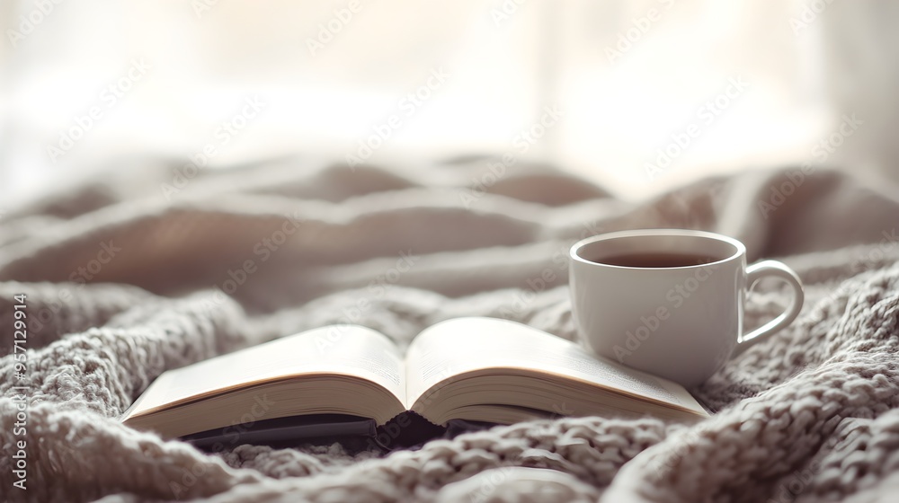 Cozy morning with open book and cup of tea on a blanket Cozy morning with open book and cup of tea on a blanket