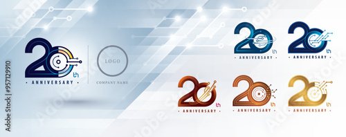 Set of 20th Anniversary logotype design, Twenty years Celebrate Anniversary Logo for celebration, Abstract Connected line and dots Circuit Board, Global network connection, Digital technology, Logo 20