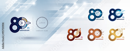 Set of 80th Anniversary logotype design, Eighty years Celebrate Anniversary Logo for celebration, Abstract Connected line and dots Circuit Board, Global network connection, Digital technology, Logo 80