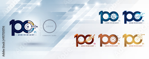 Set of 100th Anniversary logo design, Hundred years Celebrate Anniversary Logo for celebration, Abstract Connected lines and dots Circuit Board, Global network connection, Digital technology, Logo 100