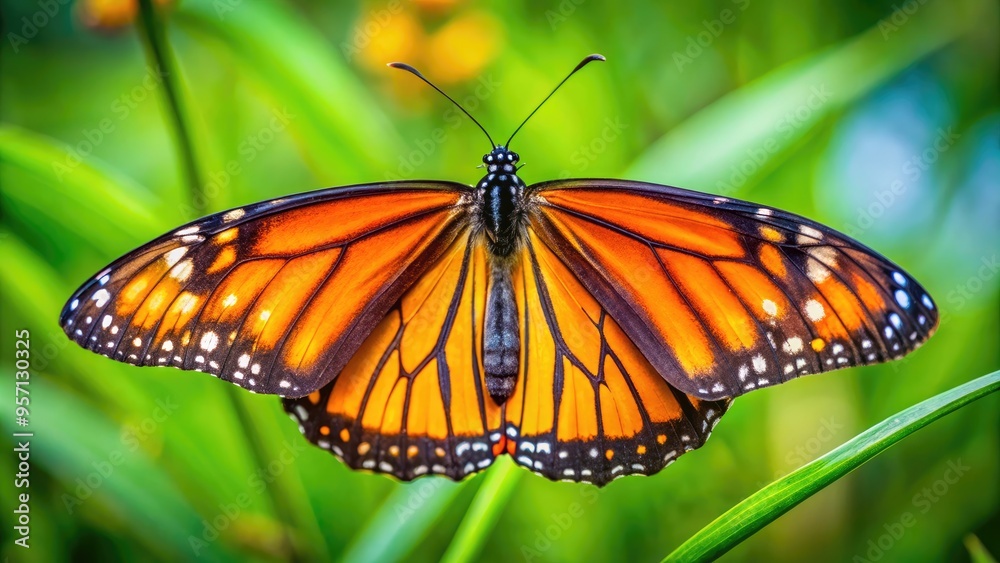 Fototapeta premium Vibrant orange and black monarch butterfly's delicate wings and antennae are intricately detailed in a sharp, shallow-focus close-up against a blurred green background.