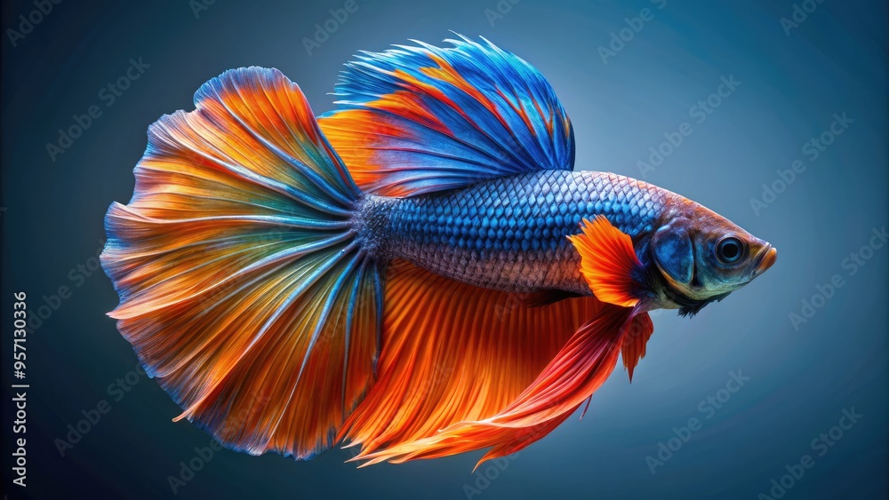 Fototapeta premium Vibrant orange and blue fish fin, sharply focused and delicately textured, with intricate scales and veins, against a soft, diffused blue-gray background.