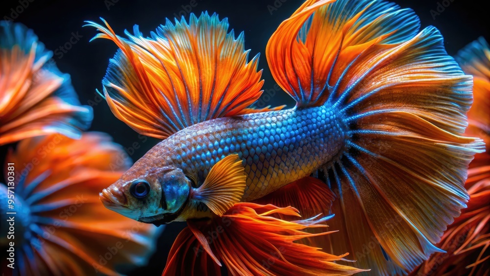 Vibrant orange and blue fish gill details showcased in extreme close-up, intricate feathery tendrils and delicate scales illuminated against a dark, watery background. Vibrant orange and blue fish gill details showcased in extreme close-up, intricate feathery tendrils and delicate scales illuminated against a dark, watery background.