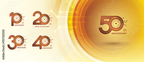10, 20, 30, 40, 50 year Anniversary Logo design, Ten to Fifty years Anniversary Logotype for Celebration, Abstract Connected lines and dots Circuit Board, Global network connection, Digital technology