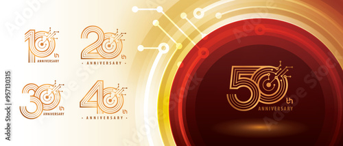 10, 20, 30, 40, 50 year Anniversary Logo, Ten to Fifty years Anniversary Logotype for Celebration, Abstract Connected Gold lines and dots Circuit Board, Global network connection, Digital technology,