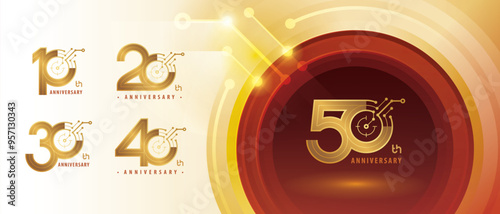 10, 20, 30, 40, 50 year Anniversary Logo, Ten to Fifty years Anniversary Logotype for Celebration, Abstract Connected Gold lines and dots Circuit Board, Global network connection, Digital technology,