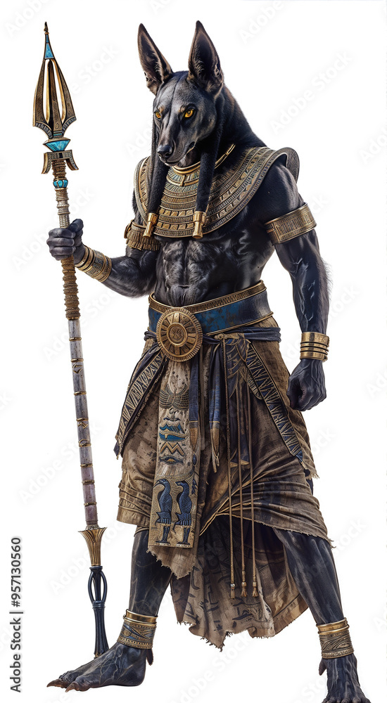 Fototapeta premium Anubis, Egyptian god of death with the head of a jackal or dog and a human body, holding a magical staff. Mythological character isolated on a white transparent background
