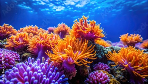 Vibrant orange and purple coral polyps stretch towards the surface, delicate tendrils swaying gently in the current, amidst a backdrop of soft blue ocean water.