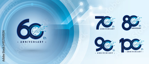 60, 70, 80, 90, 100 year Anniversary logotype design, Sixty to Hundred years Logo for Celebration, Abstract Connected Blue lines and dots Circuit Board, Global network connection, Digital technology,
