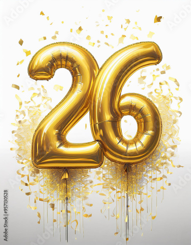 Gold birthday / anniversary balloon, number 26, white background with confetti