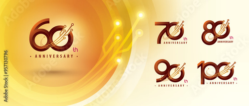 60, 70, 80, 90, 100 year Anniversary logotype design, Sixty to Hundred years Logo for Celebration, Abstract Connected Curved lines and dots Circuit Board, Global network connection, Digital technology