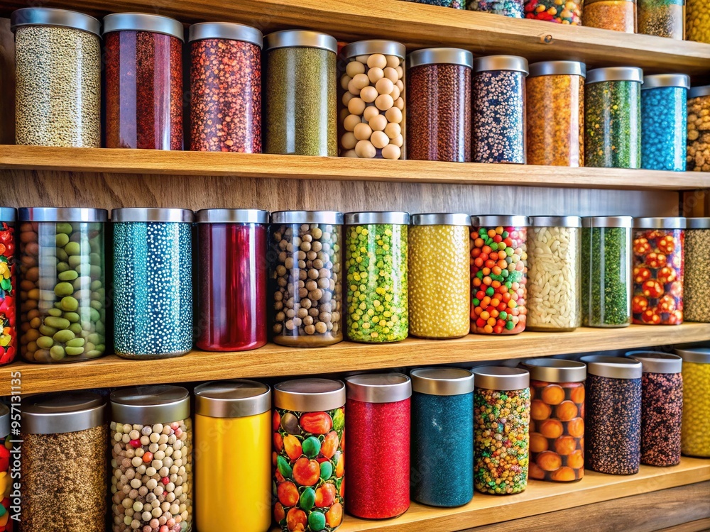 vibrant cylinders with branded labels stacked in a precise grid on a wooden shelf, radiating order and abundance. vibrant cylinders with branded labels stacked in a precise grid on a wooden shelf, radiating order and abundance.