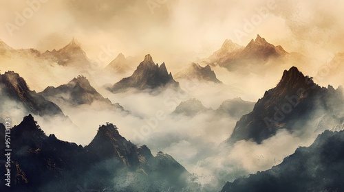 Majestic Chinese Landscape in Earthy Ochre Tones Misty Mountains Rising from Verdant Valleys