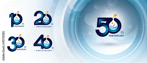 10, 20, 30, 40, 50 year Anniversary logo design, Ten to Fifty years Anniversary Logo for Celebration, Chemical Test tube Molecule structure particle, Chemistry Science Biotechnology, molecular biology