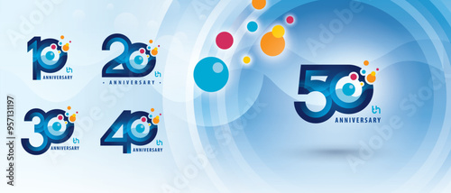 10, 20, 30, 40, 50 year Anniversary logo design, Ten to Fifty years Anniversary Logo for Celebration, Colorful Atom Molecule structure particle, Chemistry Science and Biotechnology, molecular biology