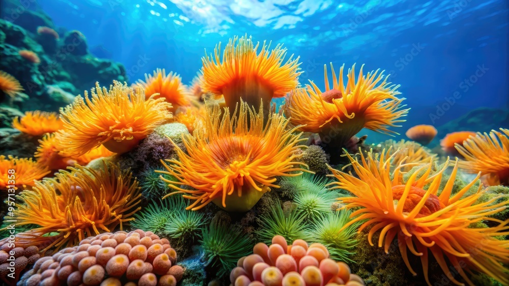 Obraz premium Vibrant orange coral polyps sway gently in the current, surrounded by delicate sea anemones and wispy seaweed, against a turquoise ocean background.