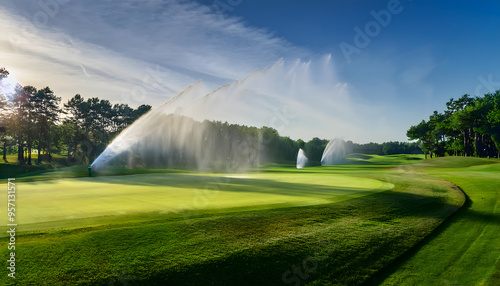 A lush green golf course with a sprinkler system watering the grass