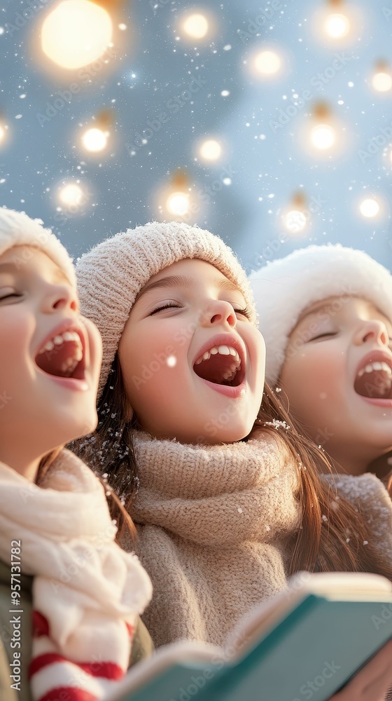 Group of children singing Christmas carols in a snowy town square, warm festive clothing, joyful expressions, twinkling lights Group of children singing Christmas carols in a snowy town square, warm festive clothing, joyful expressions, twinkling lights