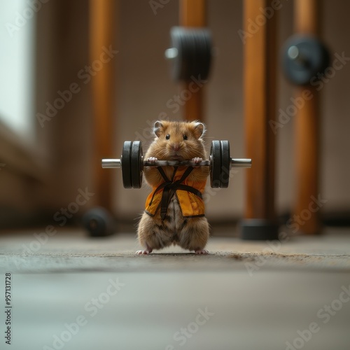 A cute hamster in a yellow vest is lifting a barbell in a home gym