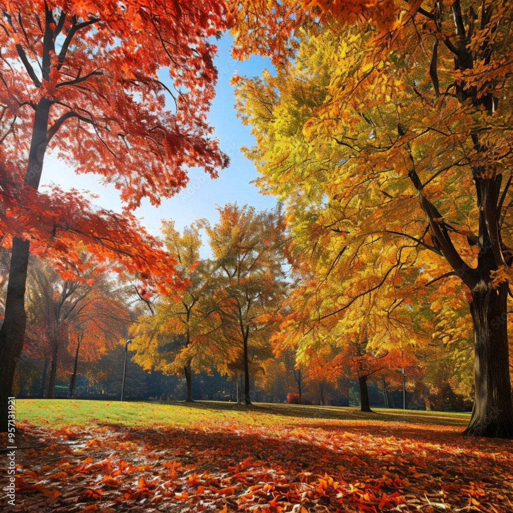 Autum scene of fairway lined with trees of a park with leaves from the trees on the ground Autum scene of fairway lined with trees of a park with leaves from the trees on the ground
