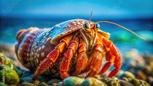 Vibrant orange hermit crab's eye and antennae details sharply focused against a blurred oceanic background, showcasing intricate texture and natural colors of the crustacean's shell. photo