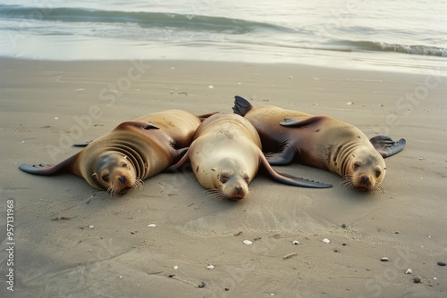 Three sea lions lie lazily on a sandy beach near the water's edge, soaking up the sun in a peaceful, natural setting.