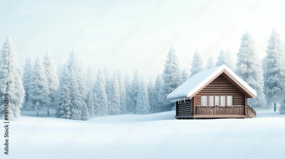 Log cabin surrounded by snowcovered trees, Christmas decorations, peaceful retreat Log cabin surrounded by snowcovered trees, Christmas decorations, peaceful retreat