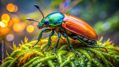 Vibrant orange scarab beetle with iridescent wings and metallic blue elytra perched on a soft, moss-covered stone, surrounded by delicate green foliage and morning dew. photo