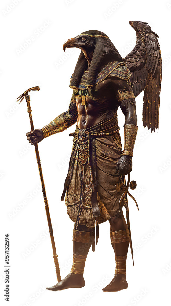 Obraz premium Horus god depicted as winged figure with falcon head. Detailed Egyptian character with golden accents holding ornate staff. Ancient deity representation isolated on blank white backdrop