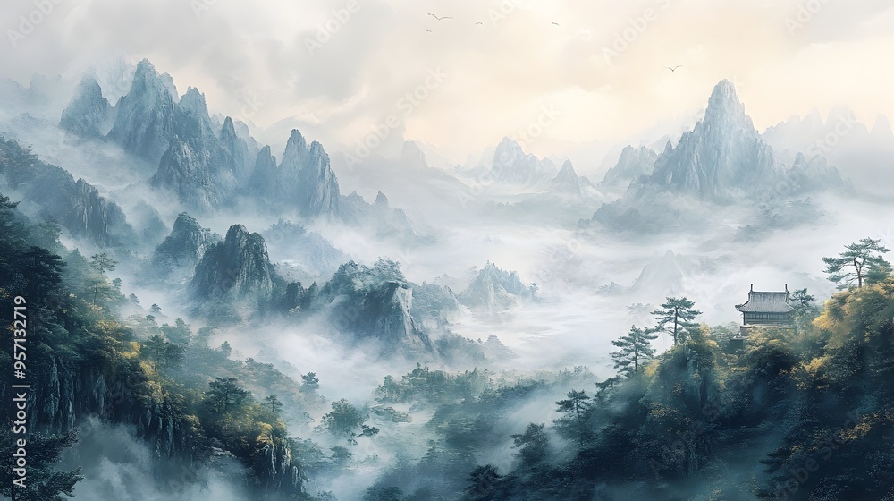 Majestic Misty Mountains in Traditional Chinese Landscape Painting Style Majestic Misty Mountains in Traditional Chinese Landscape Painting Style
