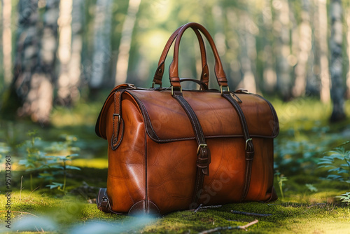 With a wide-angle view of a sunny summer morning, large classic brown leather travel bag exudes a sense of adventure and sophistication, evoking anticipation of a luxurious vacation filled with explor photo