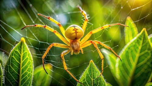 Vibrant yellow sac spider with distinctive abdomen sac, perched on a delicate web, radiates warm sunlight amidst a lush green foliage background. photo