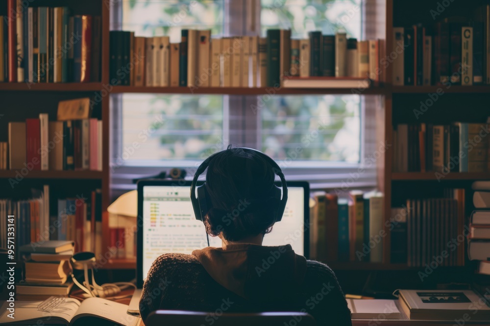A person working intensely on a computer in a cozy home office, surrounded by books and illuminated by soft natural light from a window. A person working intensely on a computer in a cozy home office, surrounded by books and illuminated by soft natural light from a window.
