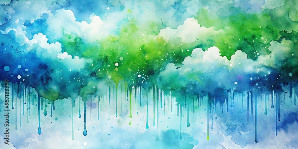 Obraz premium Abstract Watercolor Dripping Sky, Green, Blue, Clouds , abstract art, watercolor painting, digital art