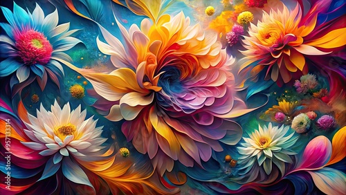 Vibrant petals unfold amidst swirling shapes and bold brushstrokes, blending organic beauty with expressive abstraction in a stunning, dreamlike floral masterpiece.