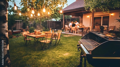 Grilling OutdoorsA backyard barbecue setting with friends and family gathered around the grill, enjoying a summer evening