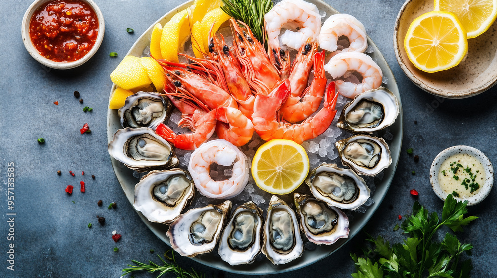flat lay of a seafood platter flat lay of a seafood platter