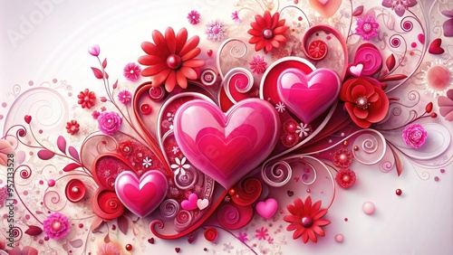 Vibrant pink and red hearts entwined with flowers and swirls, symbolizing love, romance, and affection, against a soft focus white background, conveying warm emotions. photo