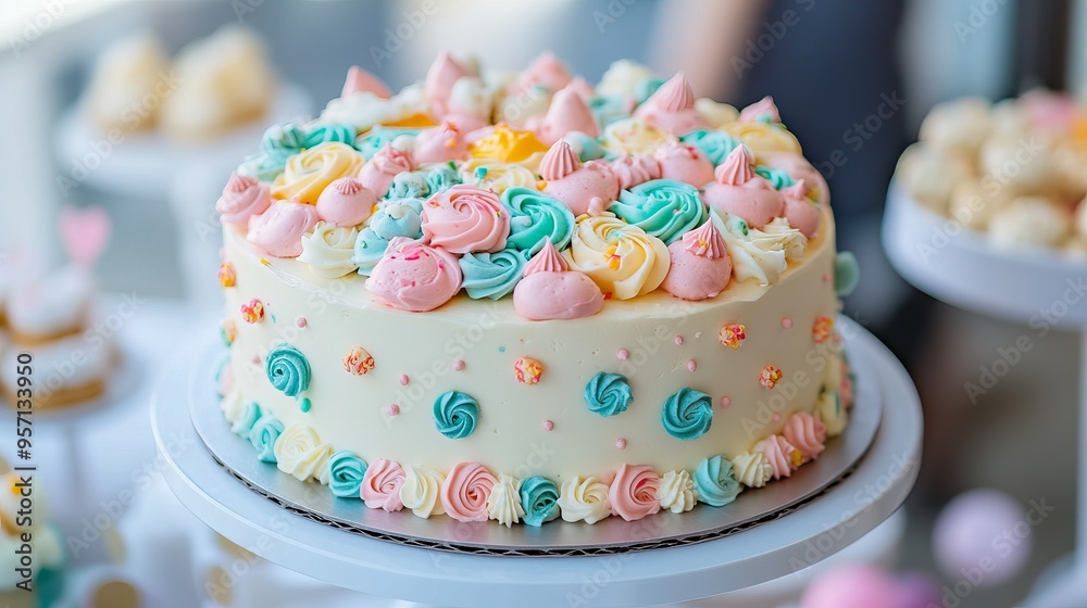 Beautiful colorful and delicious cake at a baby shower celebration displayed on a tray Beautiful colorful and delicious cake at a baby shower celebration displayed on a tray