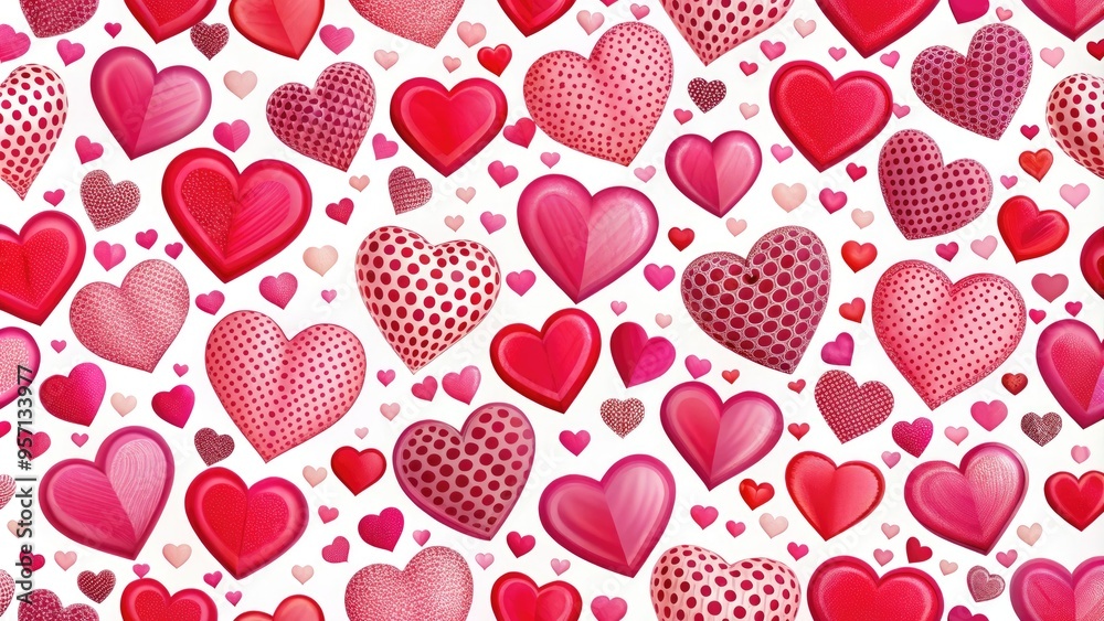 Vibrant pink and red hearts in various sizes and orientations create a playful, whimsical pattern on a bright white background, perfect for Valentine's Day designs. Vibrant pink and red hearts in various sizes and orientations create a playful, whimsical pattern on a bright white background, perfect for Valentine's Day designs.