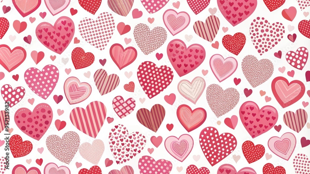 Vibrant pink and red hearts of varying sizes create a whimsical and playful repeating pattern on a soft white background, perfect for Valentine's Day designs. Vibrant pink and red hearts of varying sizes create a whimsical and playful repeating pattern on a soft white background, perfect for Valentine's Day designs.