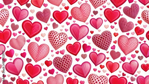 Vibrant pink and red hearts in various sizes and orientations create a playful, whimsical pattern on a bright white background, perfect for Valentine's Day designs.