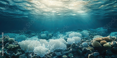 Bleached coral struggles in warming ocean, highlighting need for conservation in fragile ecosystem. Global warming impacts marine life