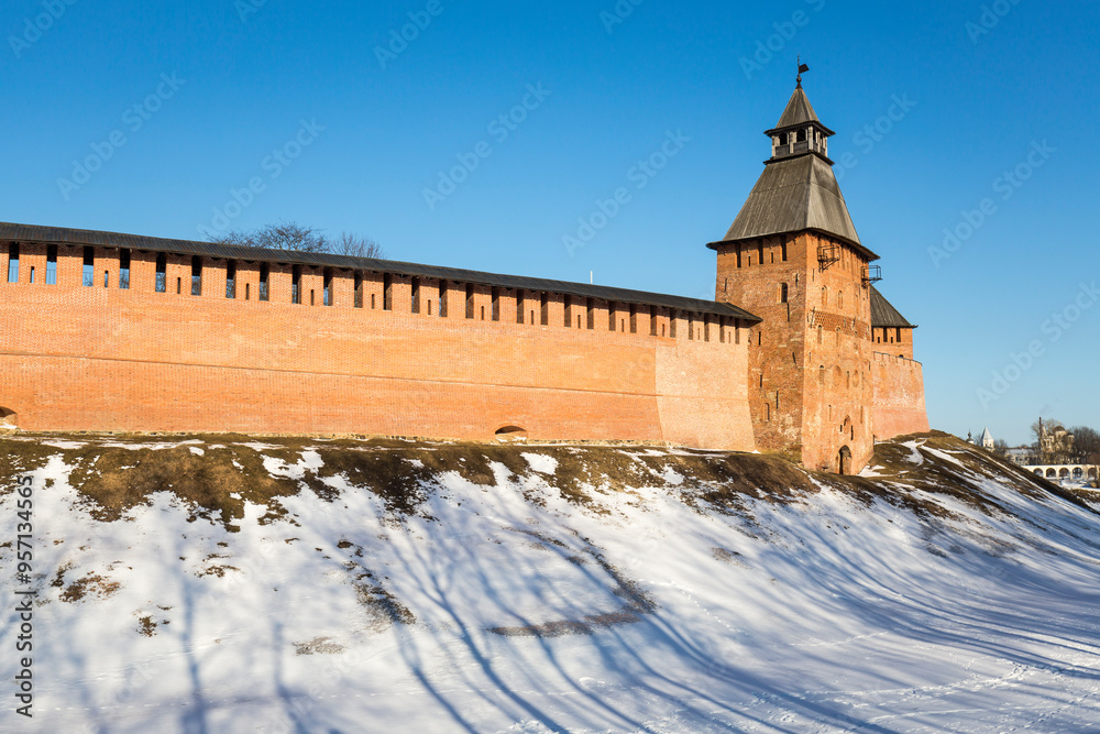 View on old wall of Kremlin in Novgorod the Great