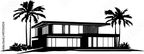 A large house with a palm tree in front of it. The house is white and has a modern design. The image gives off a feeling of luxury and relaxation