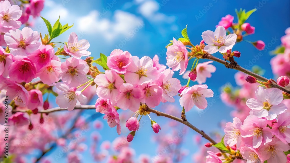 Vibrant pink cherry blossoms bloom against a soft blue sky, delicate petals unfurling amidst lush green foliage, capturing the essence of spring's gentle awakening. Vibrant pink cherry blossoms bloom against a soft blue sky, delicate petals unfurling amidst lush green foliage, capturing the essence of spring's gentle awakening.