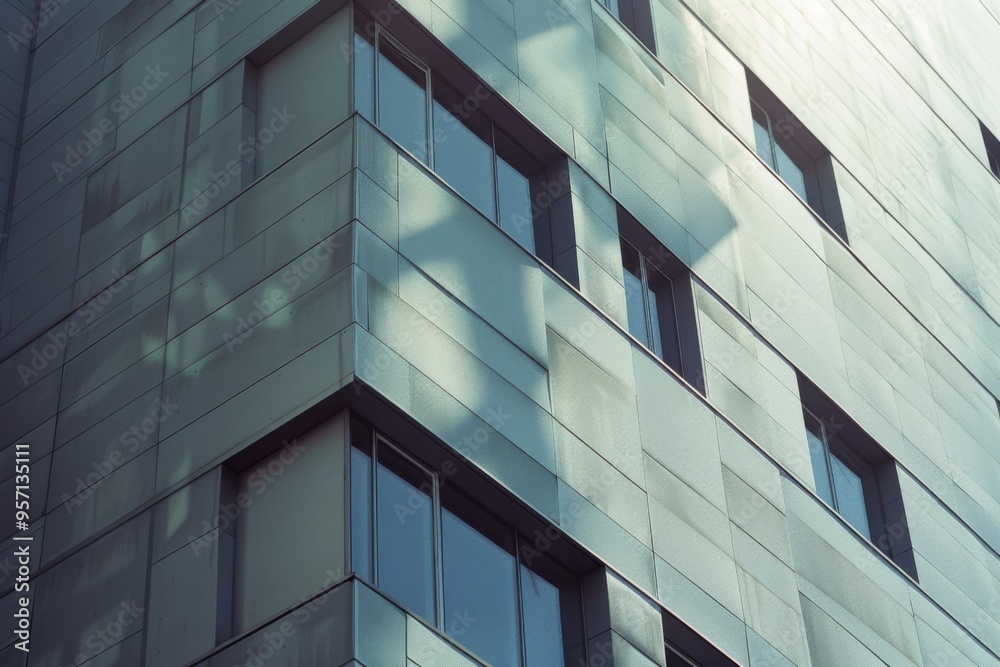 Reflective modern building showcasing sleek metal panels and glass windows bathed in sunlight and shadows. Reflective modern building showcasing sleek metal panels and glass windows bathed in sunlight and shadows.