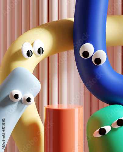 Minimal product background for sale promotion concept. Pastel tube cartoon with googly eyes and podium on pink corrugate background. 3d render illustration. Clipping path of each element included.