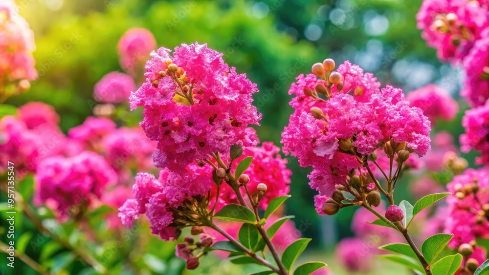 Vibrant pink lagerstroemia speciosa flowers bloom amidst lush green foliage, capturing the essence of a serene summer afternoon in a picturesque garden setting. Vibrant pink lagerstroemia speciosa flowers bloom amidst lush green foliage, capturing the essence of a serene summer afternoon in a picturesque garden setting.